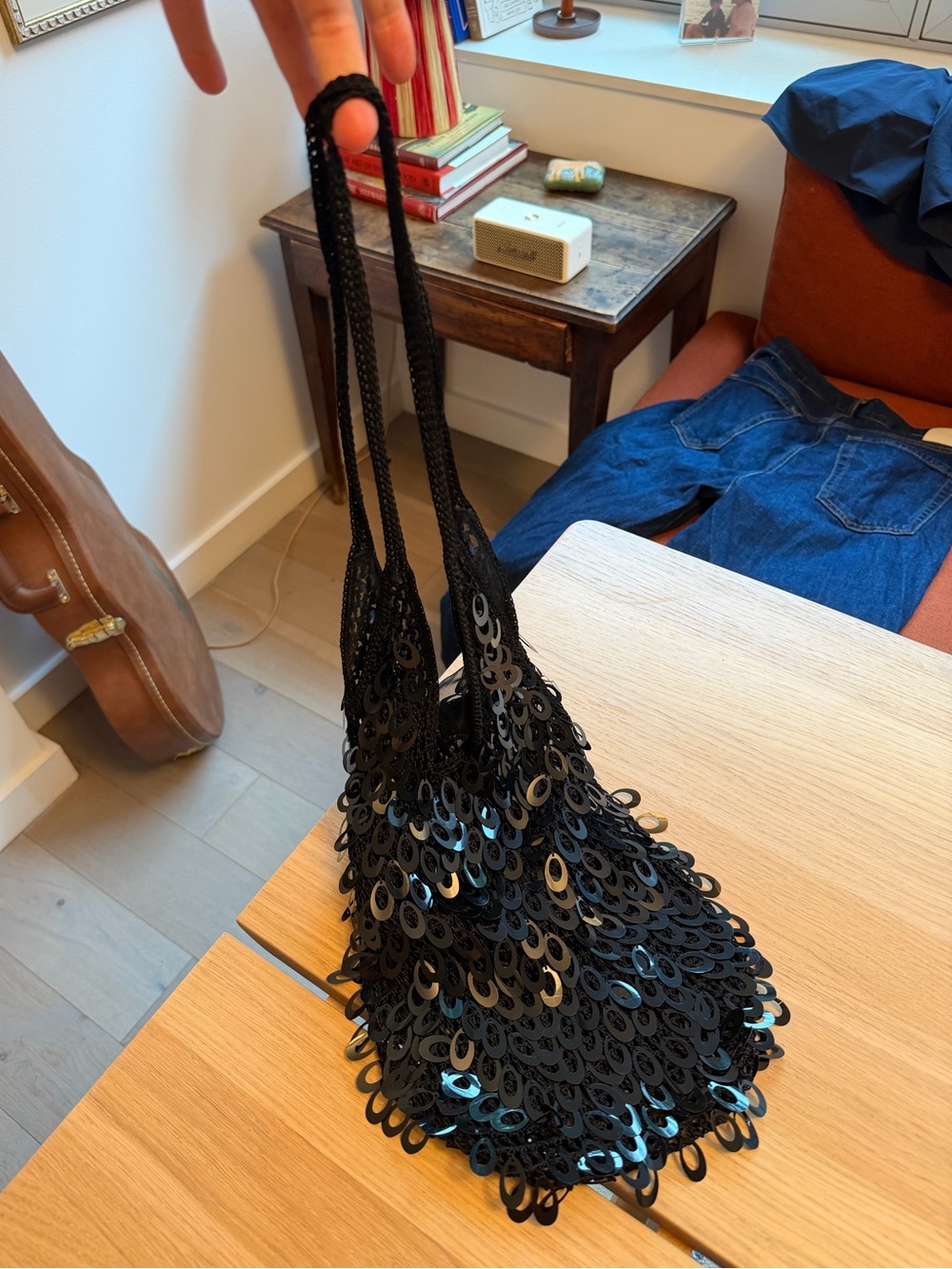 Retro beaded woven netted bag black